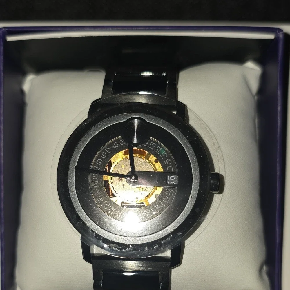Movado Bold Black Metal Bracelet Analog Wristwatch Date Indicator w/Original Box